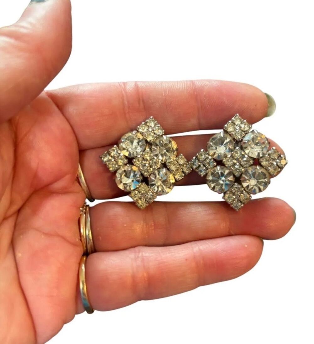 Vintage Rhinestone Cluster Clip Earrings Silver Tone Square Mid Century Sparkle
